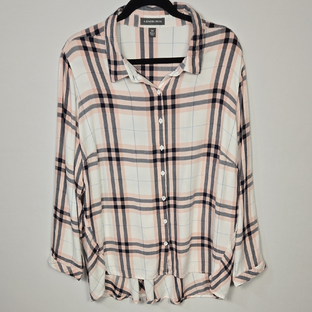 Alexander Jordan‎ Women's Plaid Long Sleeve Button-Down Shirt, Pink, Gray Size L